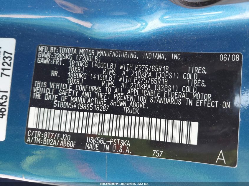 2008 Toyota Tundra Sr5 5.7L V8 VIN: 5TBDV54198S518287 Lot: 42480911