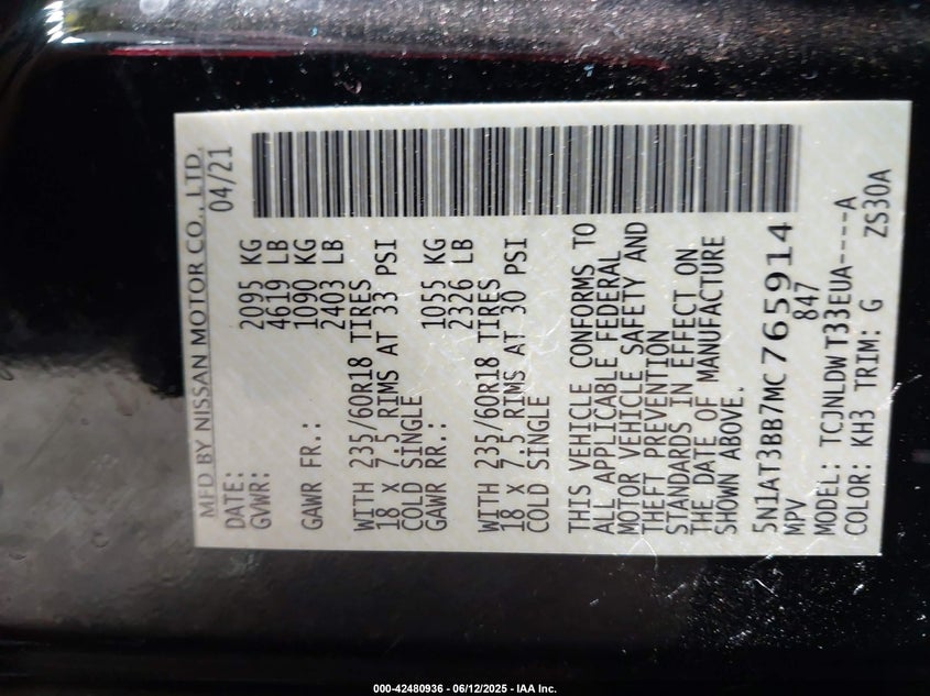 VIN 5N1AT3BB7MC765914 2021 NISSAN ROGUE SV INTELLIGENT AWD