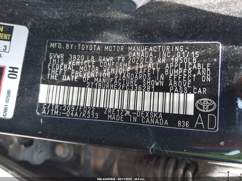 2015 TOYOTA COROLLA VIN: 2T1BURHE2FC336281