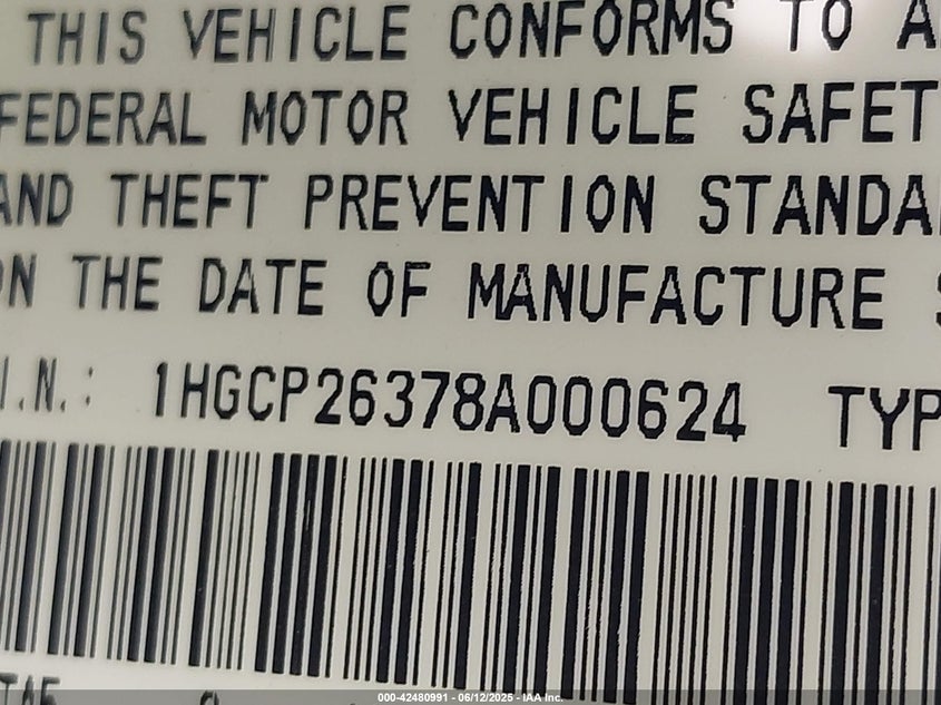 2008 HONDA ACCORD VIN: 1HGCP26378A000624
