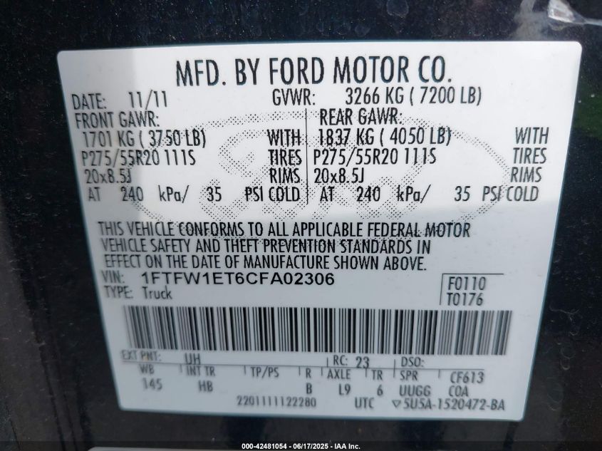 2012 Ford F-150 Lariat VIN: 1FTFW1ET6CFA02306 Lot: 42481054