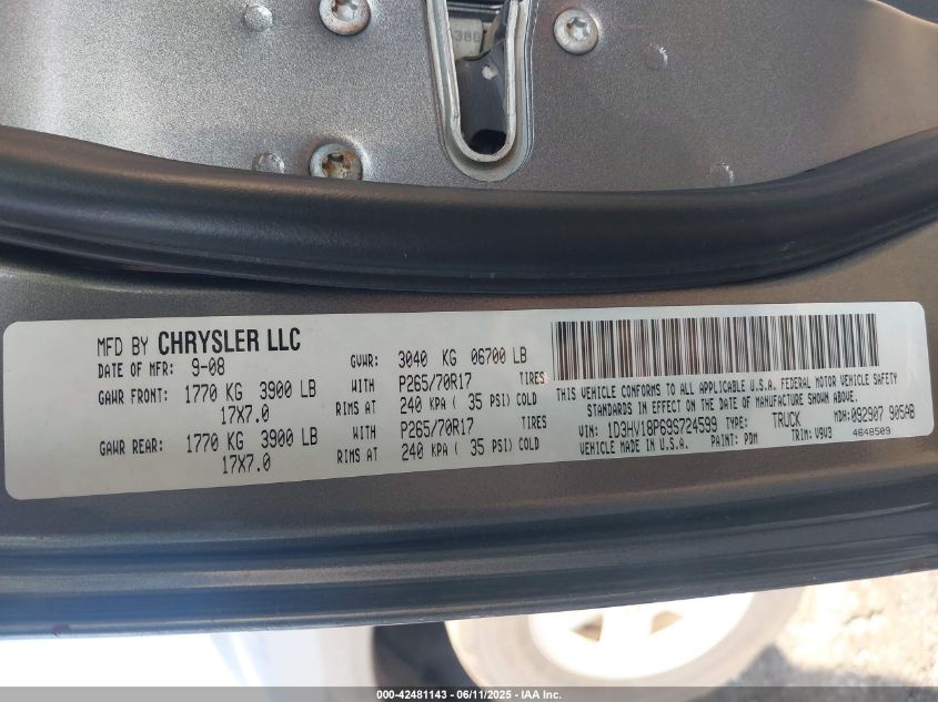 2009 Dodge Ram 1500 Slt/Sport/Trx VIN: 1D3HV18P69S724599 Lot: 42481143