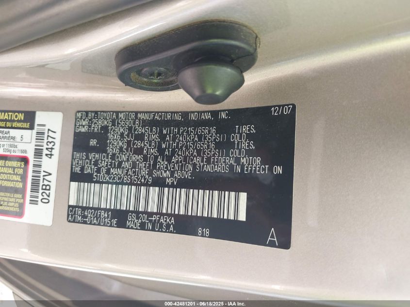 2008 Toyota Sienna Ce VIN: 5TDZK23C78S152479 Lot: 42481201