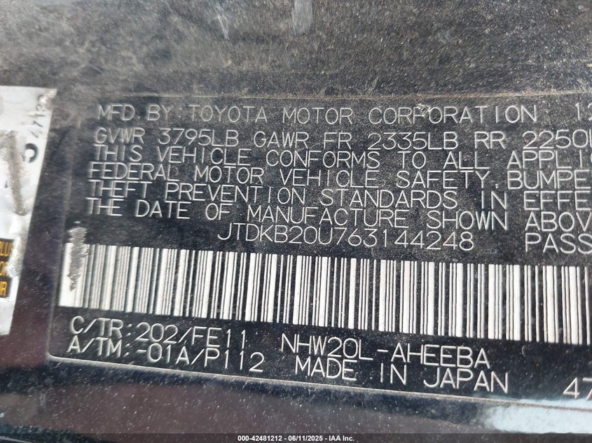 2006 TOYOTA PRIUS VIN: JTDKB20U763144248