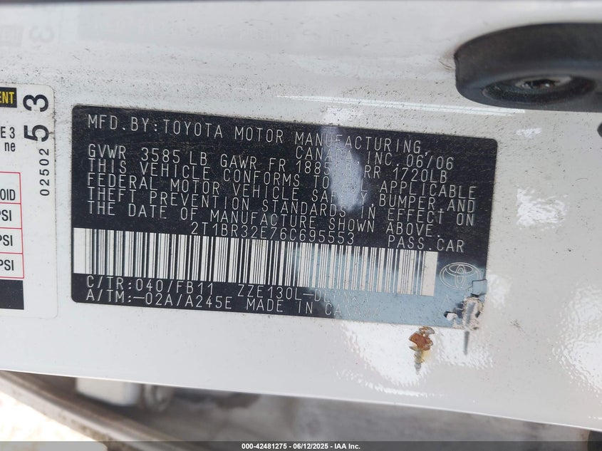 2006 Toyota Corolla Le VIN: 2T1BR32E76C695553 Lot: 42481275