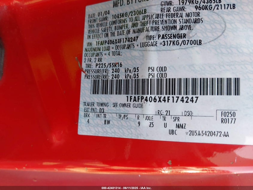 2004 Ford Mustang VIN: 1FAFP406X4S174247 Lot: 42481314