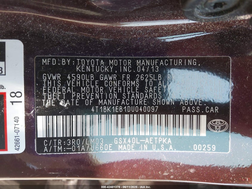 2013 TOYOTA AVALON VIN: 4T1BK1EB1DU040097