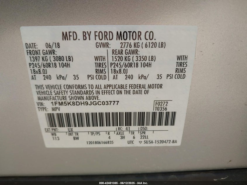 2018 FORD EXPLORER VIN: 1FM5K8DH9JGC03777
