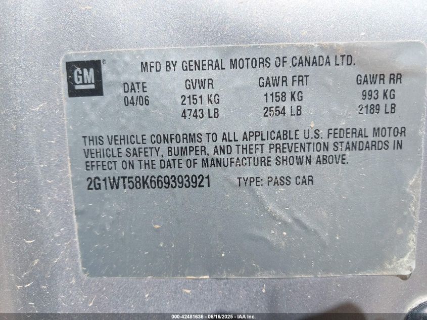 2006 Chevrolet Impala Lt VIN: 2G1WT58K669393921 Lot: 42481636