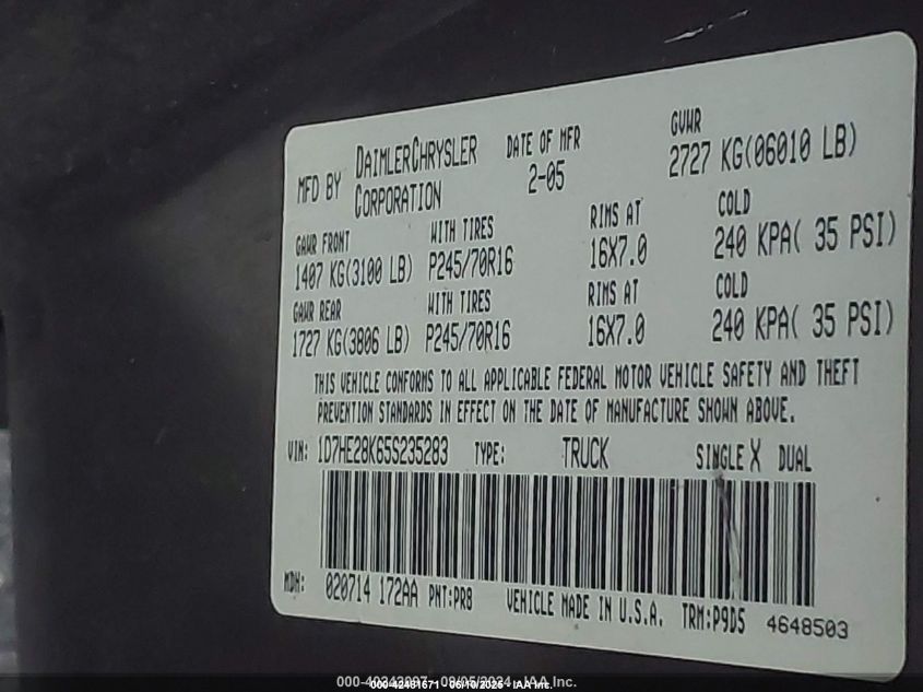 2005 Dodge Dakota St VIN: 1D7HE28K65S235283 Lot: 42481671