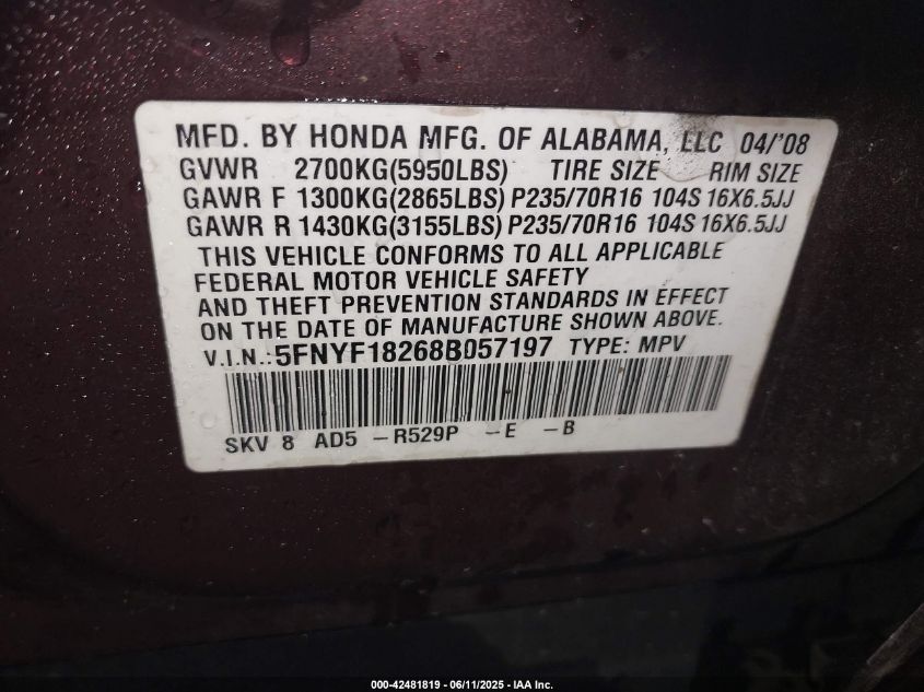 2008 Honda Pilot Vp VIN: 5FNYF18268B057197 Lot: 42481819