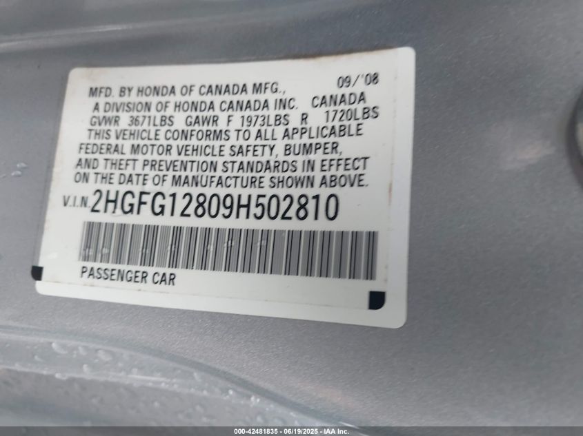 2009 Honda Civic Ex VIN: 2HGFG12809H502810 Lot: 42481835