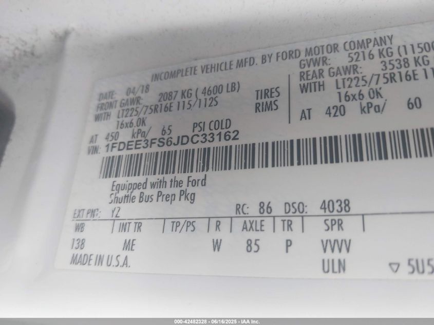 2018 Ford E-350 Cutaway VIN: 1FDEE3FS6JDC33162 Lot: 42482328