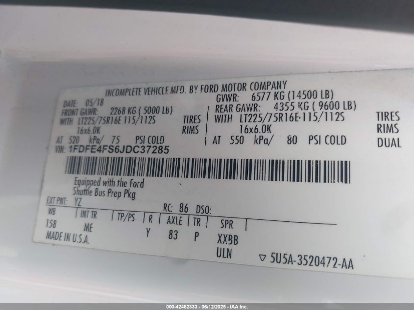 2018 Ford E-450 Cutaway VIN: 1FDFE4FS6JDC37285 Lot: 42482333