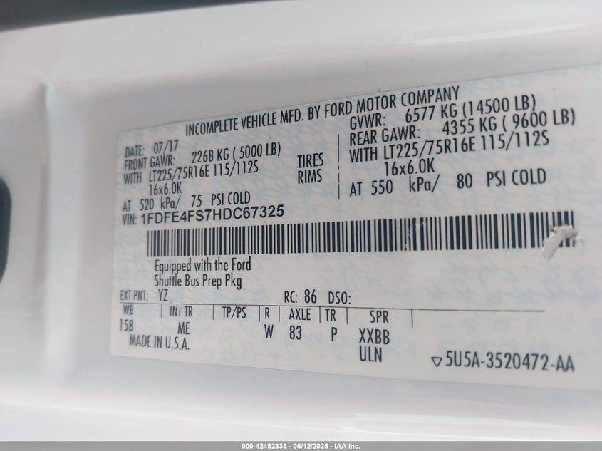 2017 Ford E-450 Cutaway VIN: 1FDFE4FS7HDC67325 Lot: 42482335