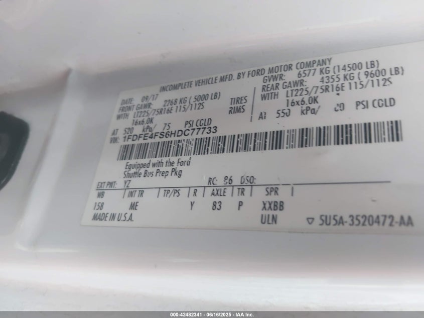 2017 Ford E-450 Cutaway VIN: 1FDFE4FS6HDC77733 Lot: 42482341