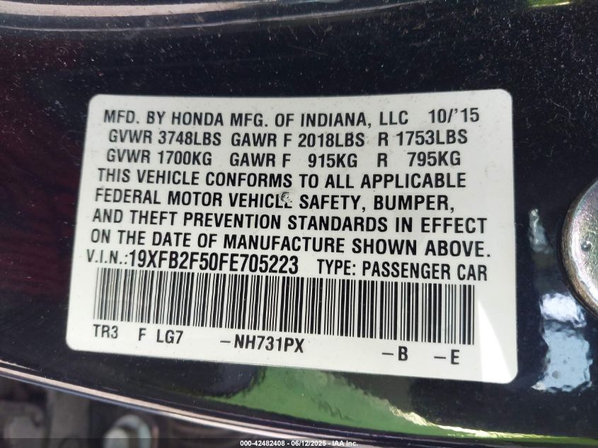 2015 Honda Civic Lx VIN: 019XFB2F50FE70522 Lot: 42482408
