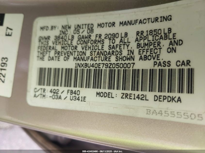 2009 Toyota Corolla Le VIN: 1NXBU40E79Z050007 Lot: 42482466