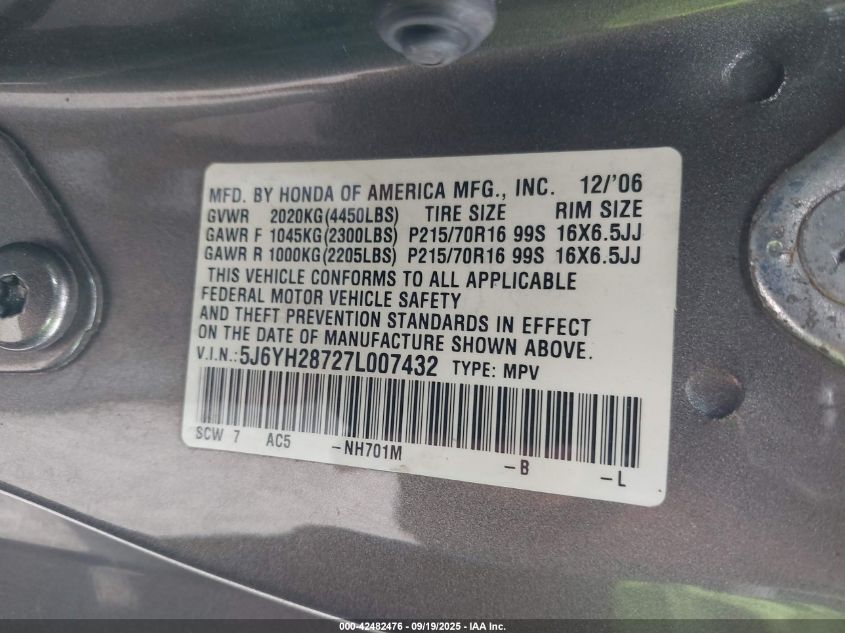2007 Honda Element Ex VIN: 5J6YH28727L007432 Lot: 42482476