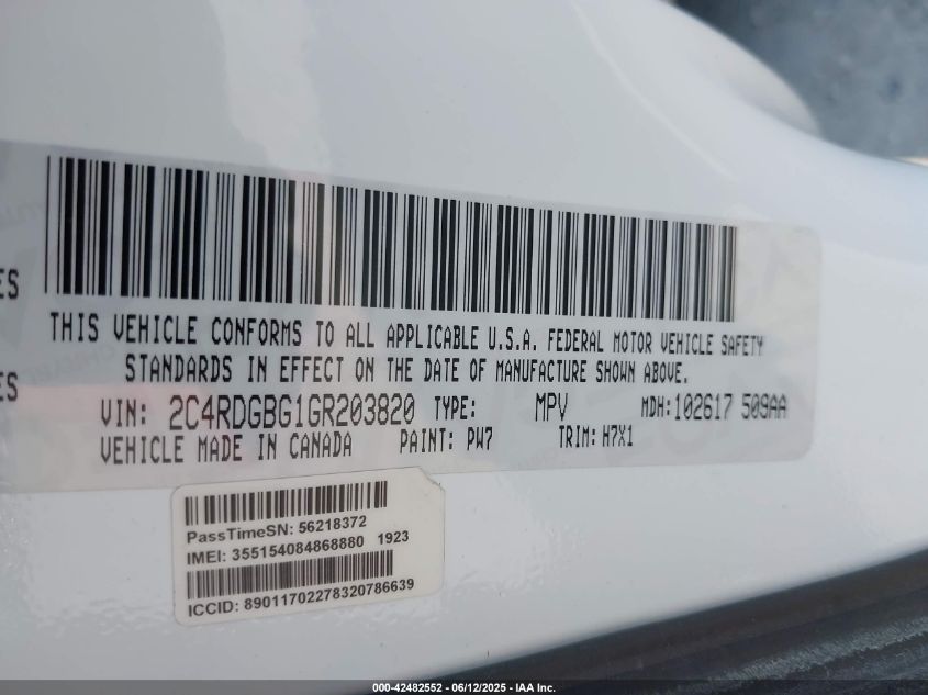 2016 Dodge Grand Caravan American Value Pkg/Se/Se Plus VIN: 2C4RDGBG1G4203820 Lot: 42482552