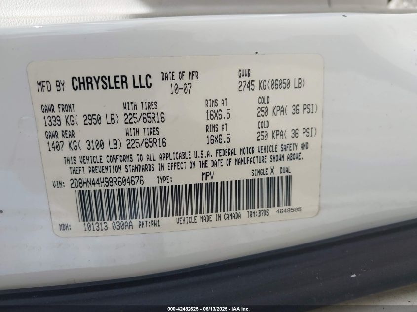 2008 Dodge Grand Caravan Se VIN: 2D8HN44H98R604676 Lot: 42482625