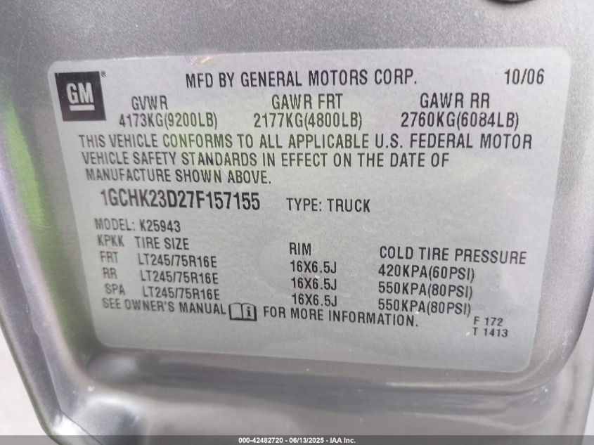 2007 Chevrolet Silverado 2500Hd Classic Lt3 VIN: 1GCHK23D27F157155 Lot: 42482720