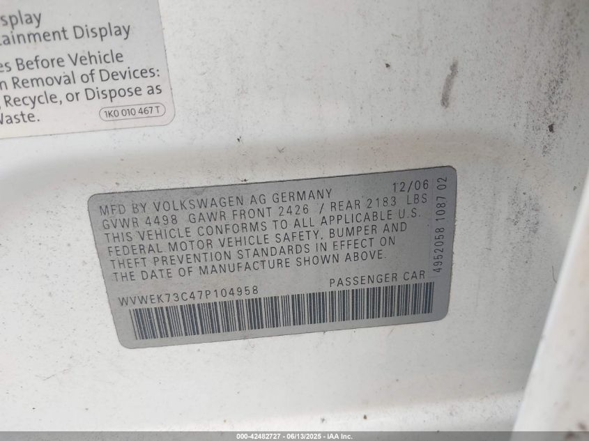 2007 Volkswagen Passat 2.0T VIN: WVWEK73C47P104958 Lot: 42482727