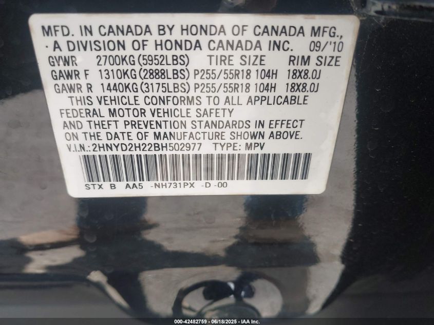 2011 Acura Mdx VIN: 2HNYD2H22BH502977 Lot: 42482759