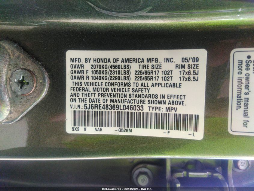 2009 Honda Cr-V Lx VIN: 5J6RE48369L046033 Lot: 42482760