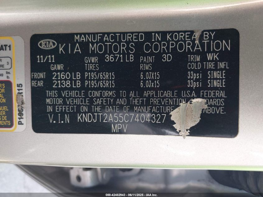2012 Kia Soul VIN: KNDJT2A55C7404327 Lot: 42482943