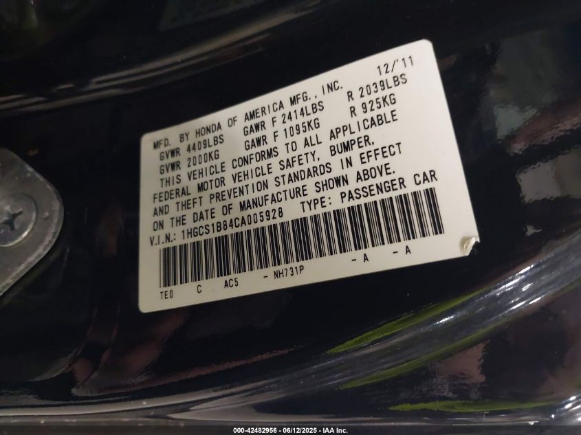 2012 Honda Accord 2.4 Ex-L VIN: 1HGCS1B84CA005928 Lot: 42482956