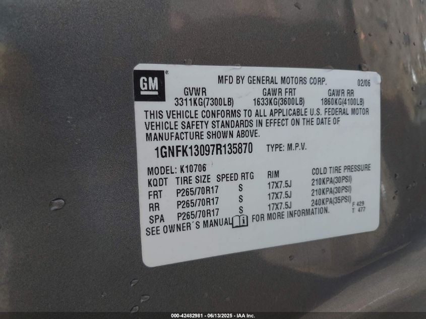 2007 Chevrolet Tahoe Lt VIN: 1GNFK13097R135870 Lot: 42482981