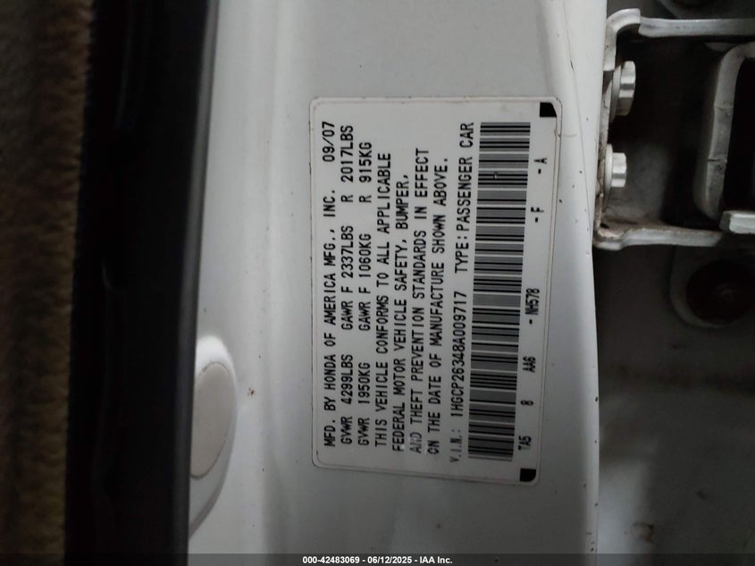 2008 Honda Accord 2.4 Lx VIN: 1HGCP26348A209717 Lot: 42483069
