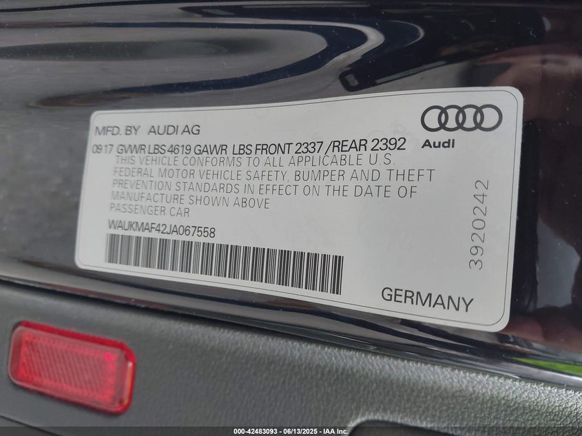 2018 AUDI A4 2.0T TECH ULTRA PREMIUM/2.0T ULTRA PREMIUM - WAUKMAF42JA067558