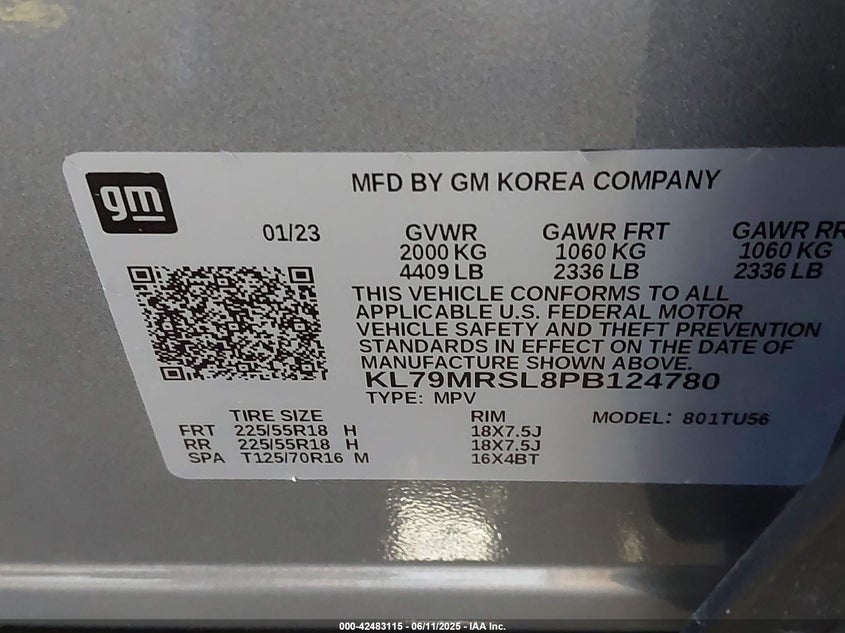 VIN KL79MRSL8PB124780 2023 CHEVROLET TRAILBLAZER AWD LT