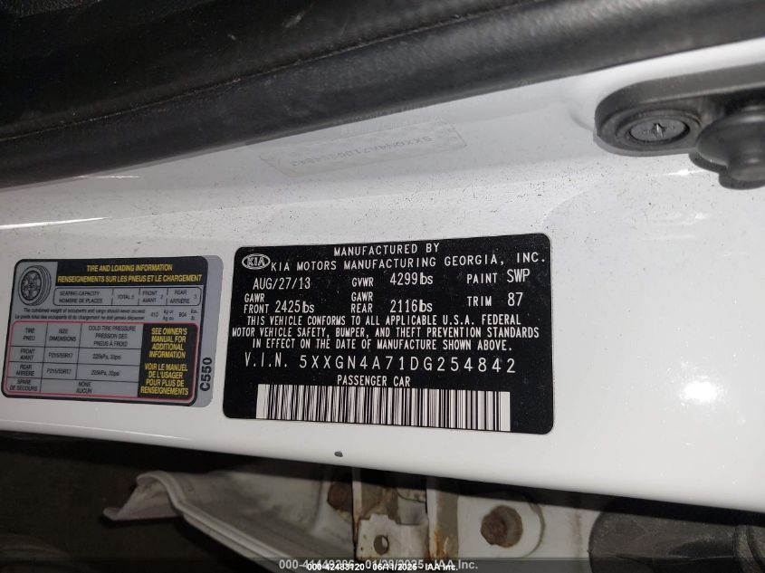 2013 Kia Optima Ex VIN: 5XXGN4A71DG254842 Lot: 42483120