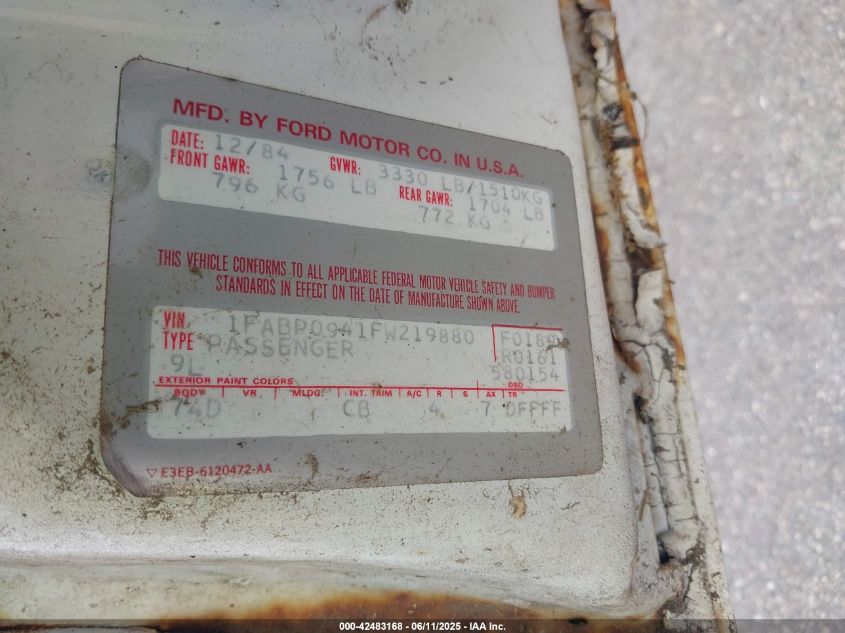 1985 Ford Escort L VIN: 1FABP0941FW219880 Lot: 42483168