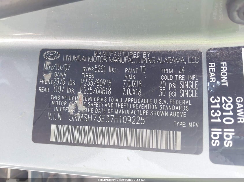 2007 HYUNDAI SANTA FE VIN: 5NMSH73E37H109225