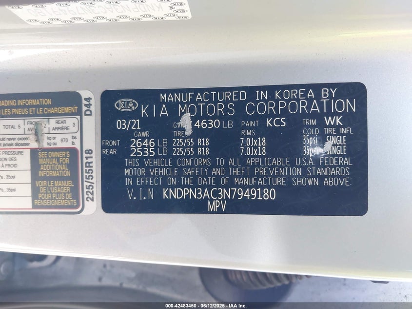 VIN KNDPN3AC3N7949180 2022 KIA SPORTAGE EX