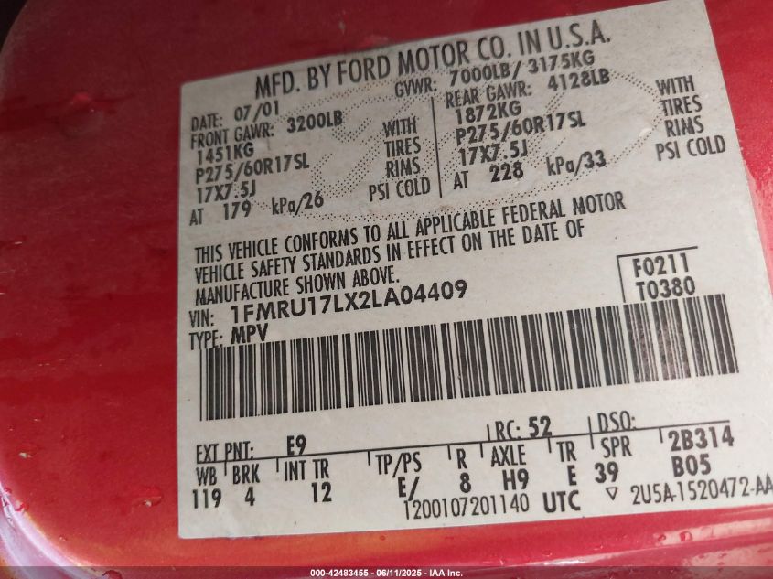 2002 Ford Expedition Eddie Bauer VIN: 1FMRU17LX2LA04409 Lot: 42483455