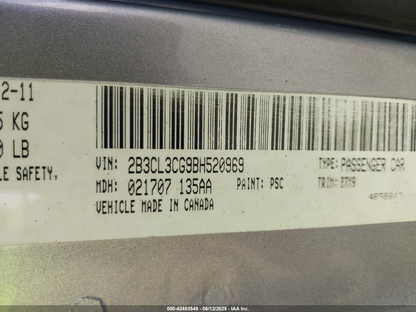 2011 DODGE CHARGER VIN: 2B3CL3CG9BH520969