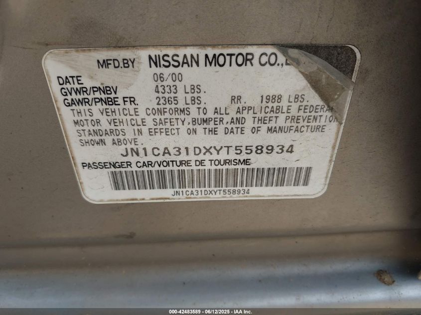 2000 Nissan Maxima Gle/Gxe/Se VIN: JN1CA31DXYT558934 Lot: 42483589