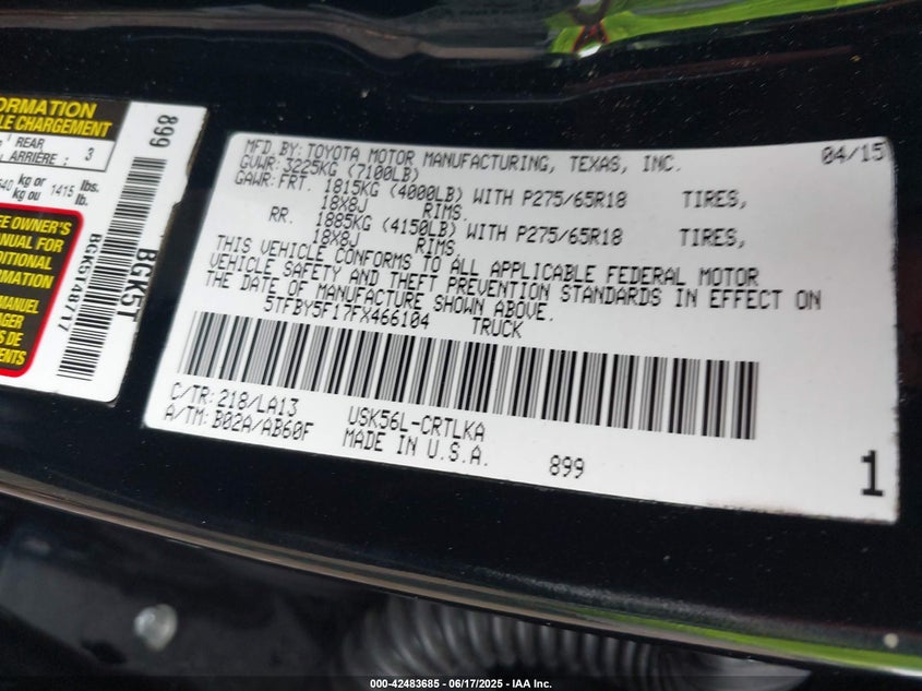 2015 TOYOTA TUNDRA LIMITED 5.7L V8 - 5TFBY5F17FX466104