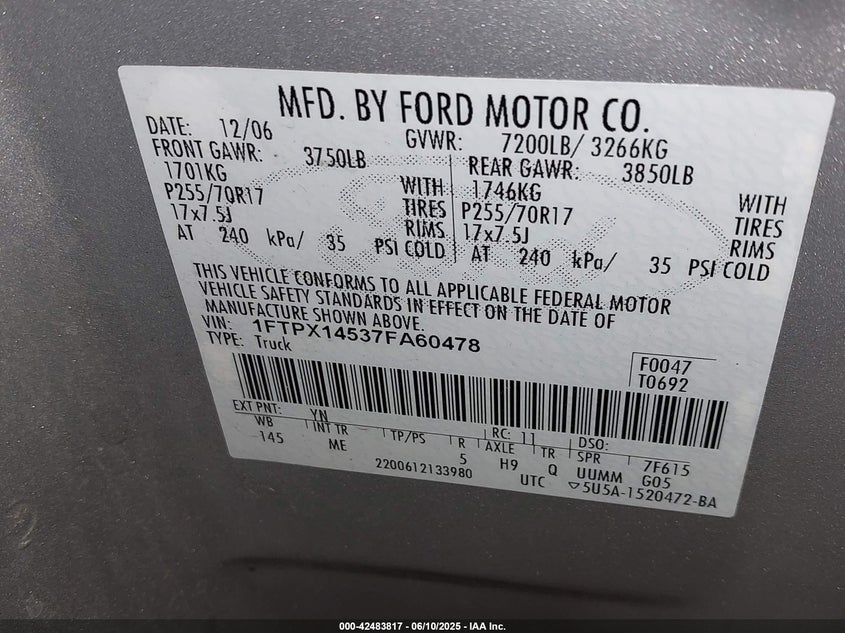 2007 FORD F-150 VIN: 1FTPX14537FA60478