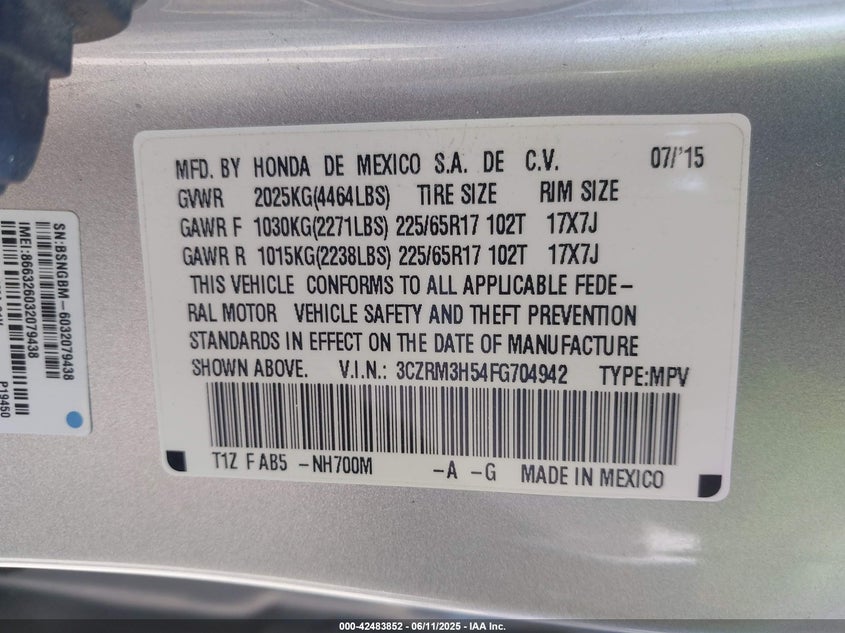 2015 HONDA CR-V EX - 3CZRM3H54FG704942