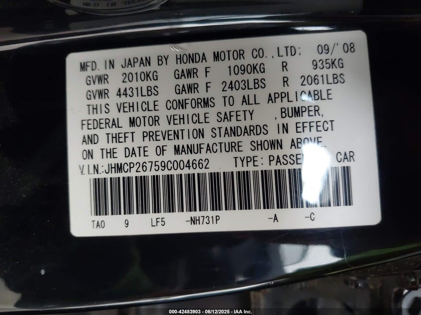 2009 HONDA ACCORD VIN: JHMCP26759C004662