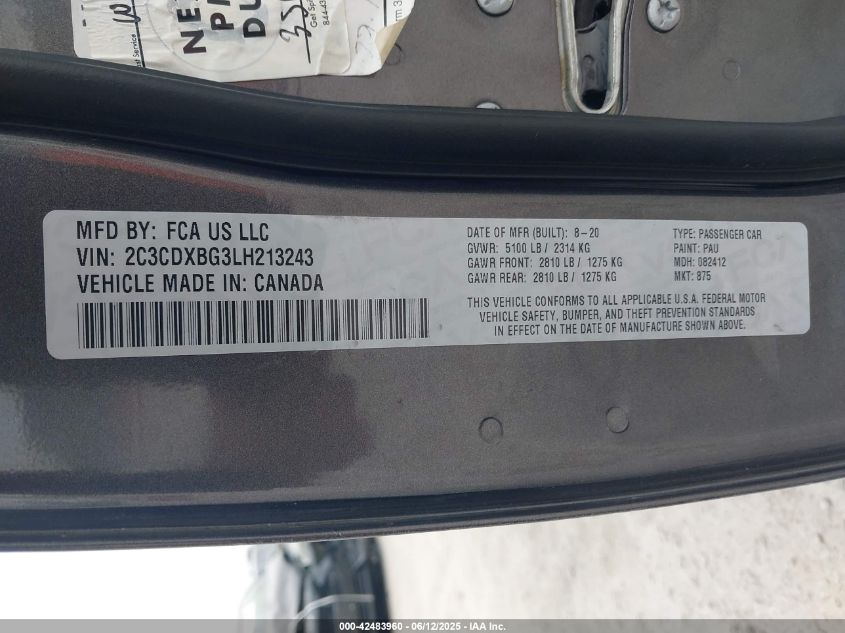 2020 Dodge Charger Sxt Rwd VIN: 2C3CDXBG3LH213243 Lot: 42483960