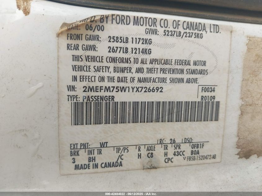 2000 Mercury Grand Marquis Ls VIN: 2MEFM75W1YX726692 Lot: 43367628