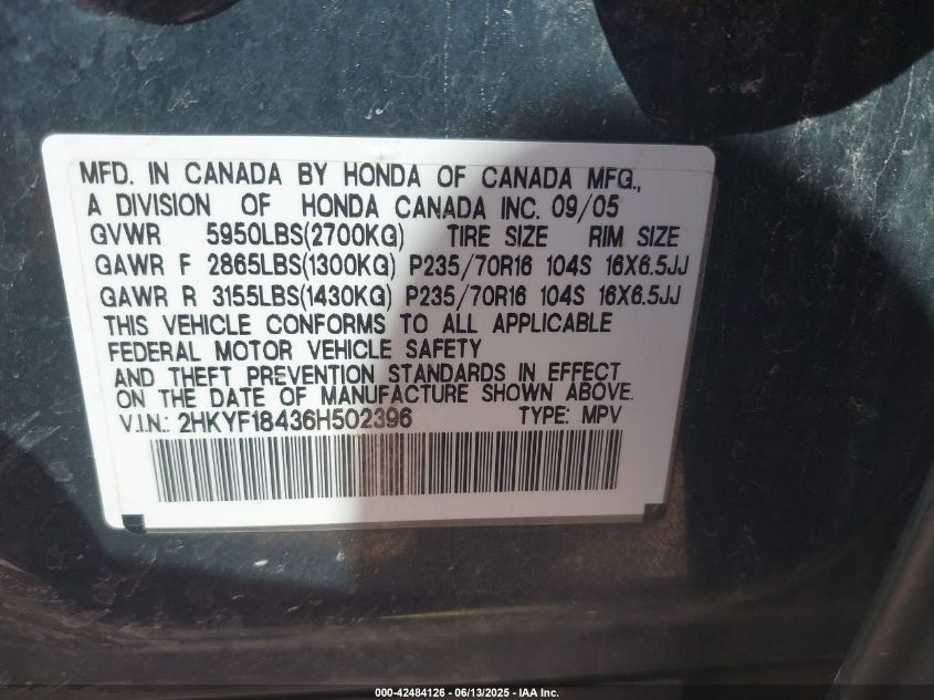 2006 Honda Pilot Ex VIN: 2HKYF18436H502396 Lot: 42484126