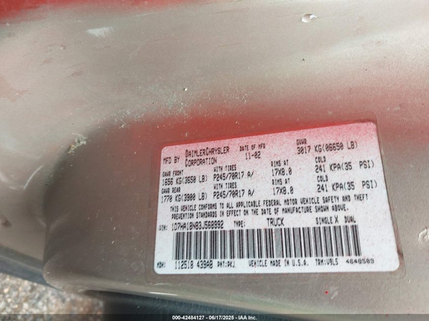 2003 Dodge Ram 1500 Slt/Laramie/St VIN: 1D7HA18N83J568992 Lot: 42484127